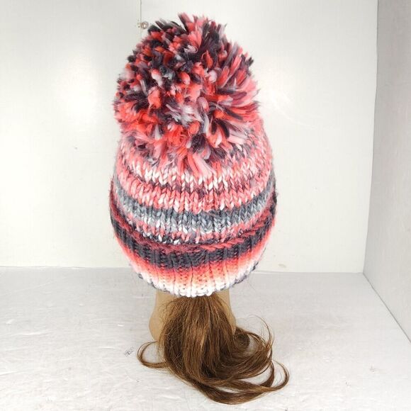 Spyder Women's Twisty Knit Fleece Pink Multi Lined Pom Pom Cuffed Beanie Hat - Picture 4 of 10
